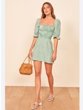 Reformation Cerise Dress Green Gingham Linen Square Neck Mini